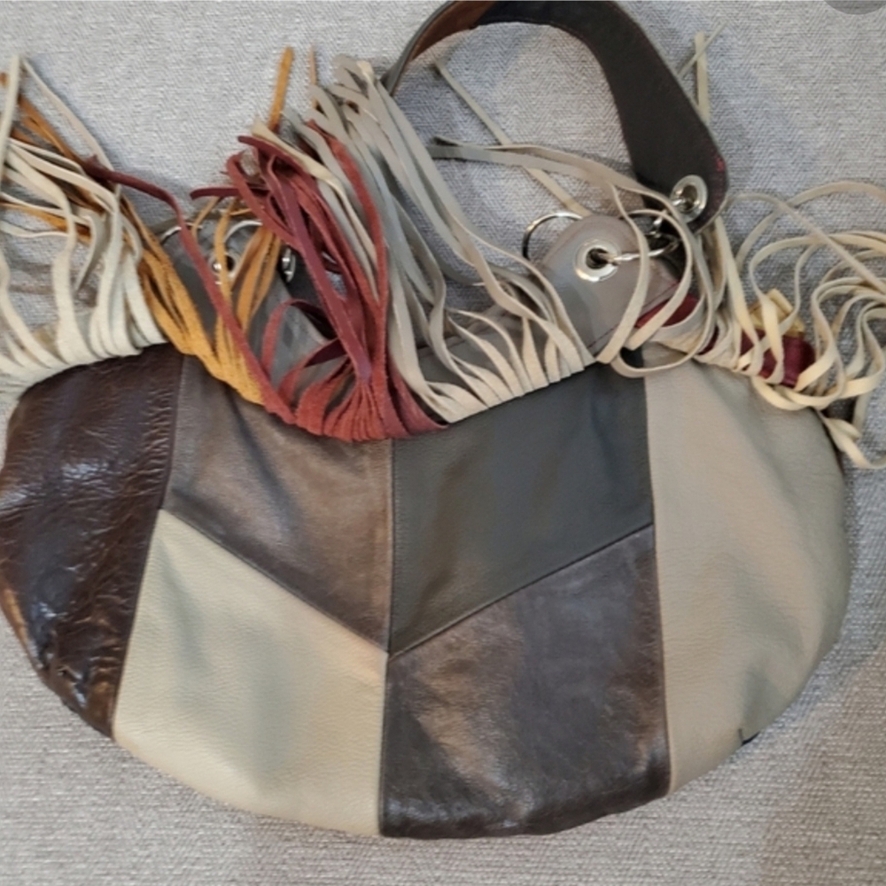 Leather Handbag - Patchwork With Fringe - image 2